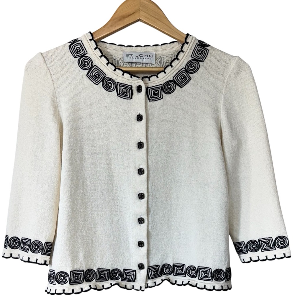 St John Embroidered Embellished Cream and Black Knit Cardigan Vintage| Women’s 6